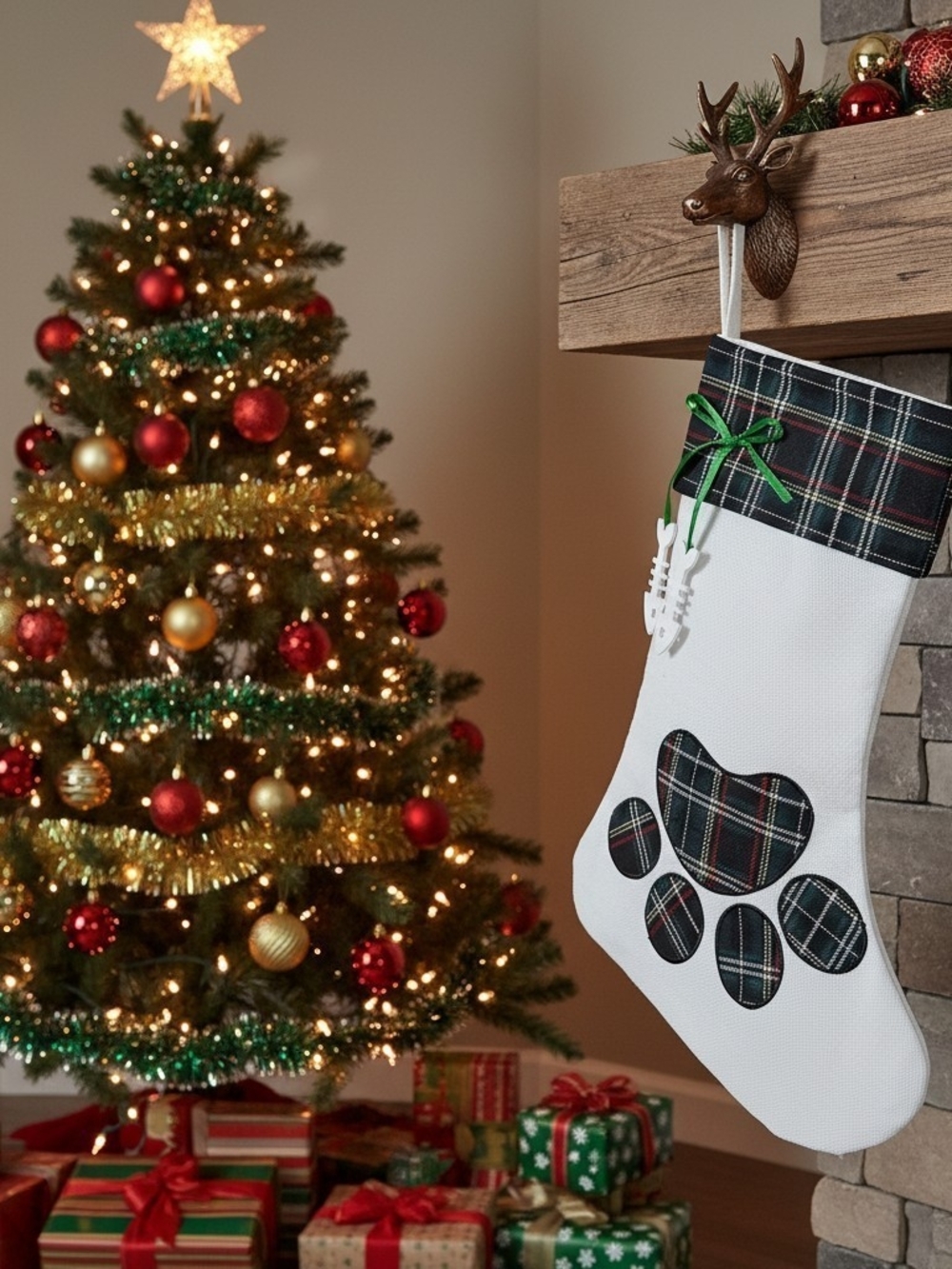 Classic Plaid Cat Paw Print Christmas Stocking